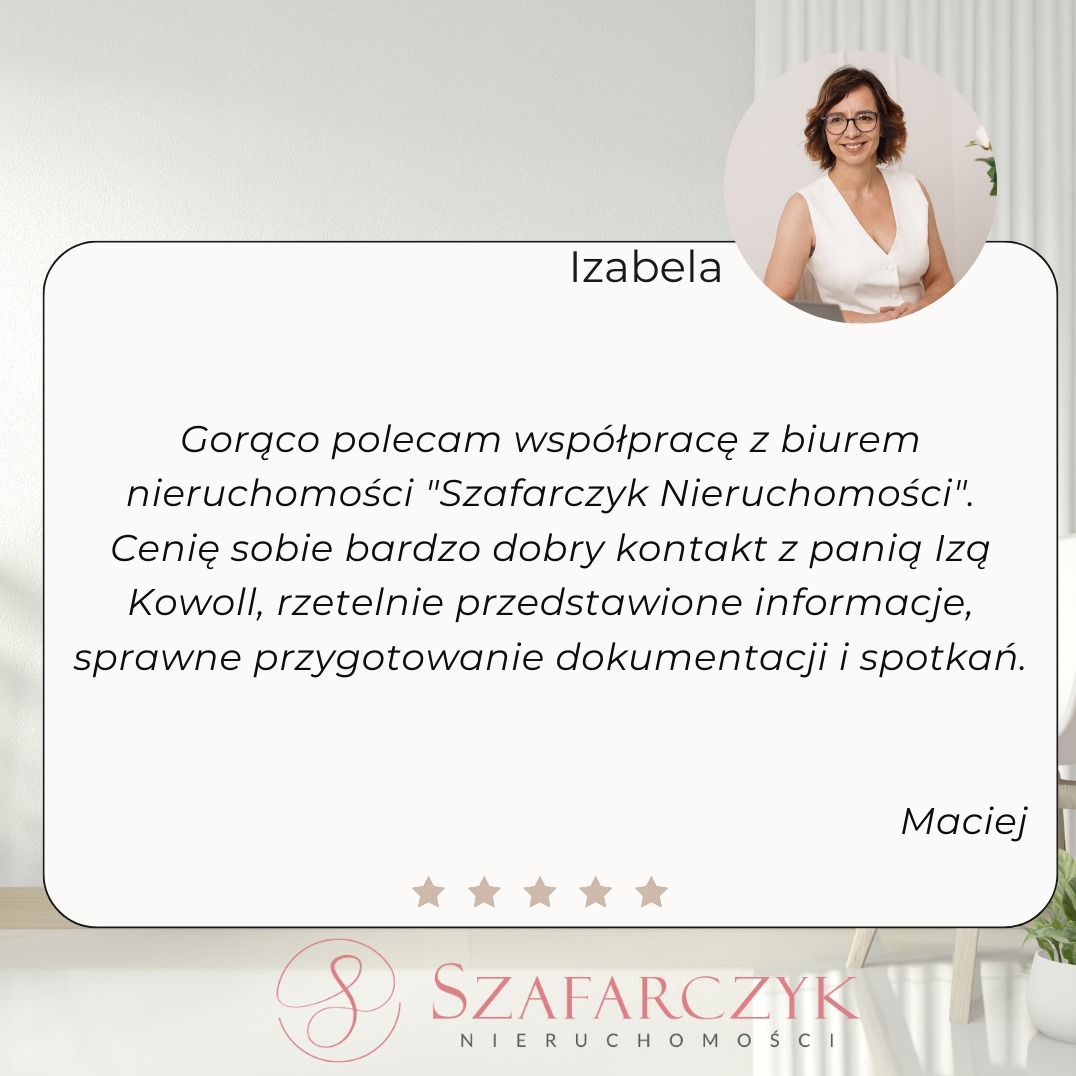 Referencja dla biura nieruchomości Szafarczyk Nieruchomości, z portretem Izabeli i tekstem rekomendacji od Macieja, oceniona na pięć gwiazdek.