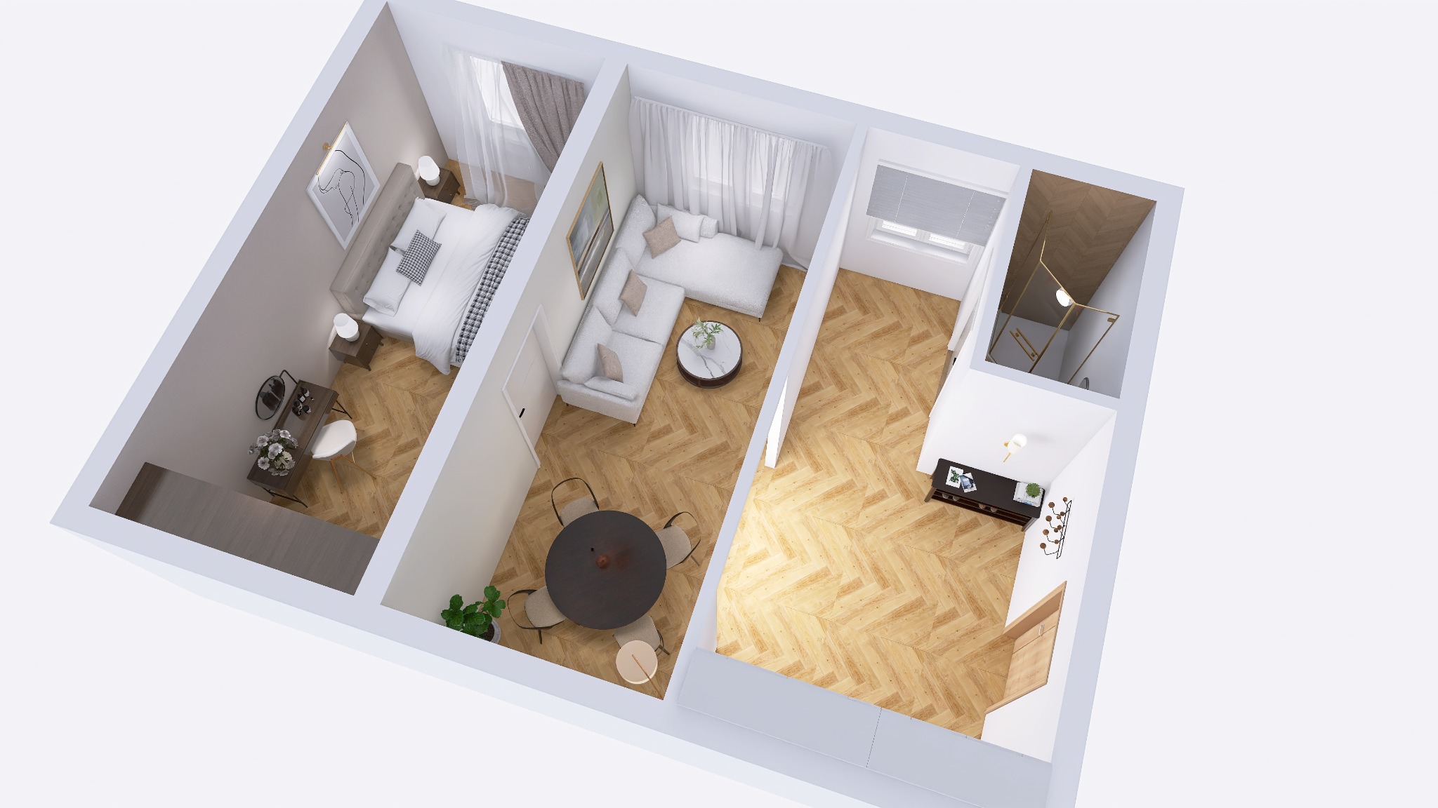 Widok z góry na plan 3D mieszkania: sypialnia z podwójnym łóżkiem, salon z narożną sofą, jadalnia z okrągłym stołem i łazienka z prysznicem, parkiet w jodełkę na podłodze.