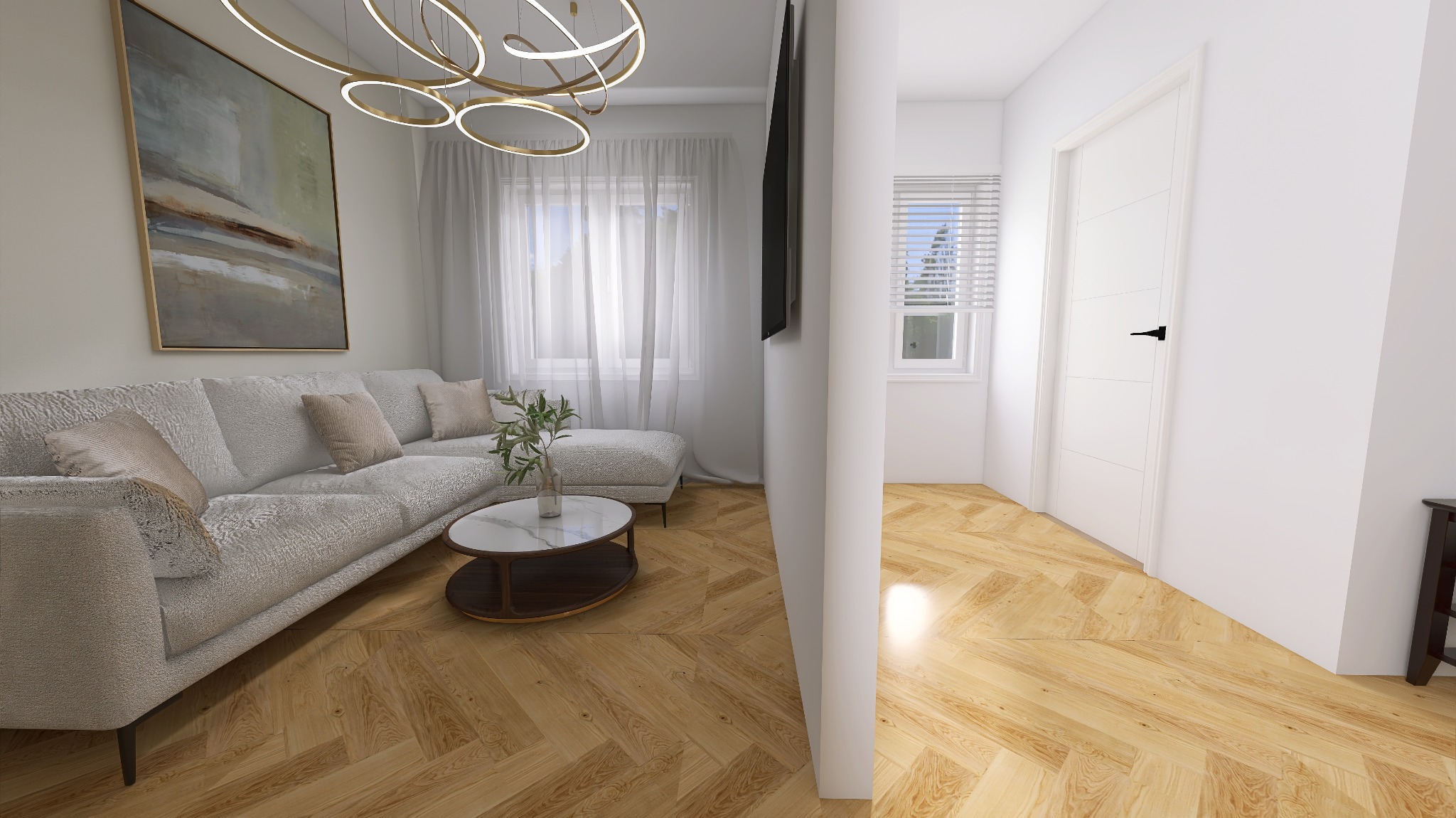 Jasny salon z parkietem w jodełkę, szarą sofą, abstrakcyjnym obrazem i nowoczesnym oświetleniem, widok z perspektywy wejścia do drugiego pomieszczenia.