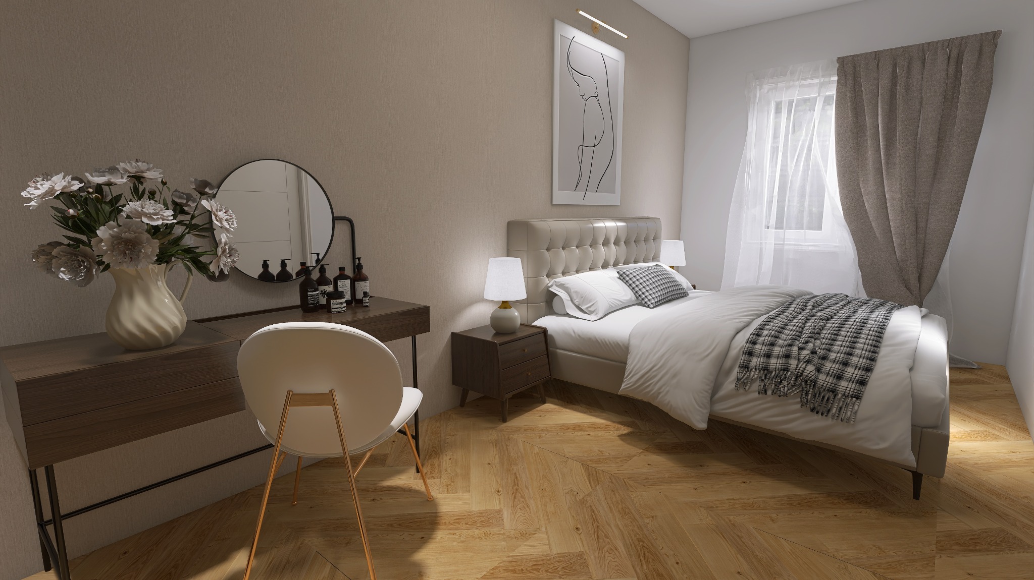 Jasna sypialnia z drewnianą podłogą w jodełkę, łóżkiem z pikowanym zagłówkiem, toaletką z owalnym lustrem i bukietem białych kwiatów w wazonie.