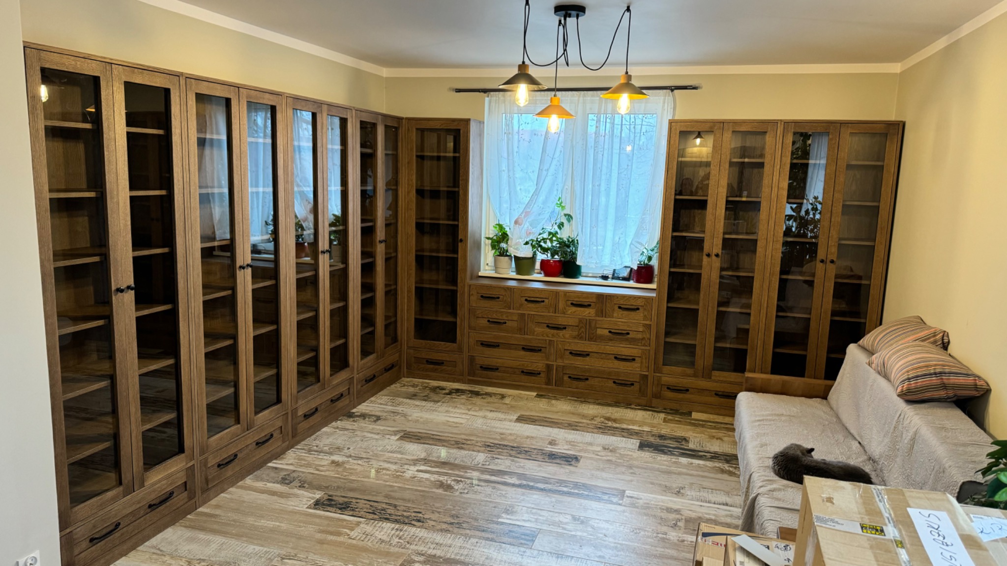 Komplet drewnianych mebli w salonie: przeszklone regały, komoda pod oknem z roślinami, sofa z poduszkami i leżący na niej szary kot