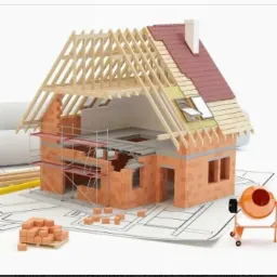 Wizualizacja domu w trakcie budowy z widoczną konstrukcją dachu, rusztowaniami i betoniarką na planie architektonicznym.