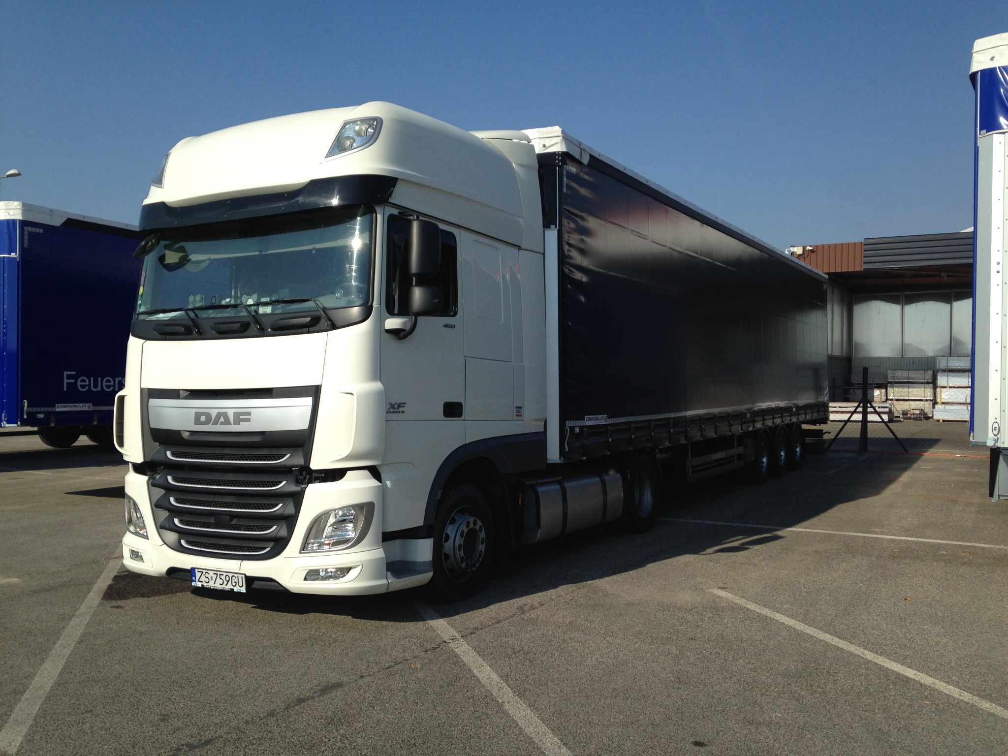 Biała ciężarówka DAF XF z czarną plandeką na parkingu w słoneczny dzień, widoczna tablica rejestracyjna ZS 759GU.