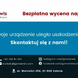 Reklama serwisu telefonów GSMserwis z informacją o bezpłatnej wycenie naprawy 24/7 i danymi kontaktowymi