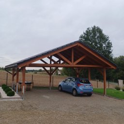 Dawid Śmiertka - Drewniana wiata garażowa z ciemną dachówką, pod którą stoi niebieski samochód. W tle pole i drzewa, całość w pochmurny dzień.