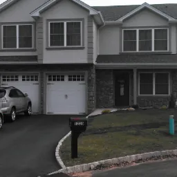 Dwupiętrowy dom z elewacją w odcieniach szarości, z kamiennym wykończeniem parteru i dwoma samochodami zaparkowanymi na podjeździe.