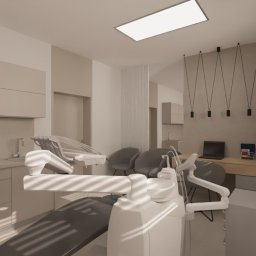Projektownia Aleksandra Pietrzak - Wizualizacja gabinetu stomatologicznego w jasnych barwach, z nowoczesnym fotelem dentystycznym na pierwszym planie, minimalistyczne oświetlenie i biurko z laptopem w tle.