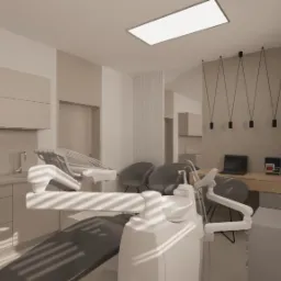 Wizualizacja gabinetu stomatologicznego w jasnych barwach, z nowoczesnym fotelem dentystycznym na pierwszym planie, minimalistyczne oświetlenie i biurko z laptopem w tle.