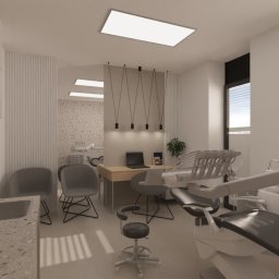 Projektownia Aleksandra Pietrzak - Wizualizacja wnętrza gabinetu stomatologicznego z nowoczesnym fotelem dentystycznym, minimalistycznym oświetleniem i elementami dekoracyjnymi w odcieniach szarości i beżu. Widoczny blat z umywalką...
