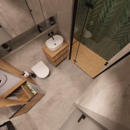 Projektownia Aleksandra Pietrzak - Wizualizacja łazienki z pralką zabudowaną w drewnianej szafce, umywalką nablatową na drewnianej komodzie i kabiną prysznicową z zielonymi płytkami ułożonymi w jodełkę.