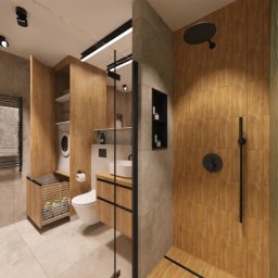 Projektownia Aleksandra Pietrzak - Wizualizacja łazienki z drewnianymi akcentami, kabiną prysznicową typu walk-in, ukrytą pralką i grzejnikiem drabinkowym z szarym ręcznikiem.