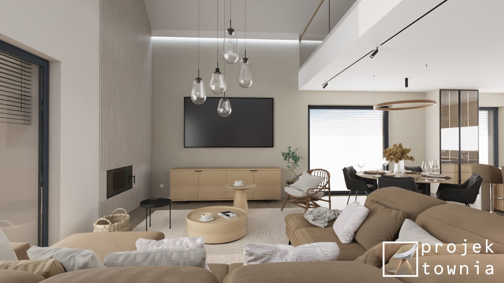 Jasne, przestronne wnętrze z beżową sofą, drewnianym stolikiem kawowym, komodą pod telewizorem i minimalistycznym kominkiem, oświetlone wiszącymi lampami i okrągłym żyrandolem nad stołem w jadalni.
