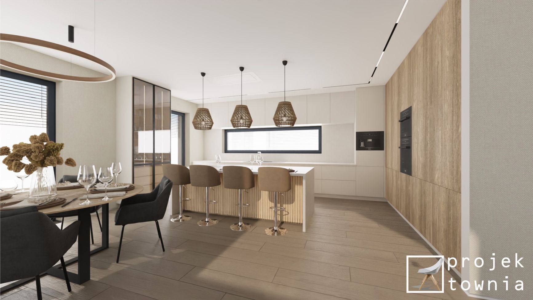 Wizualizacja jasnej kuchni z wyspą i hokerami, połączonej z jadalnią z okrągłym stołem i czarnymi krzesłami; widoczne wiszące lampy z abażurami z plecionki.