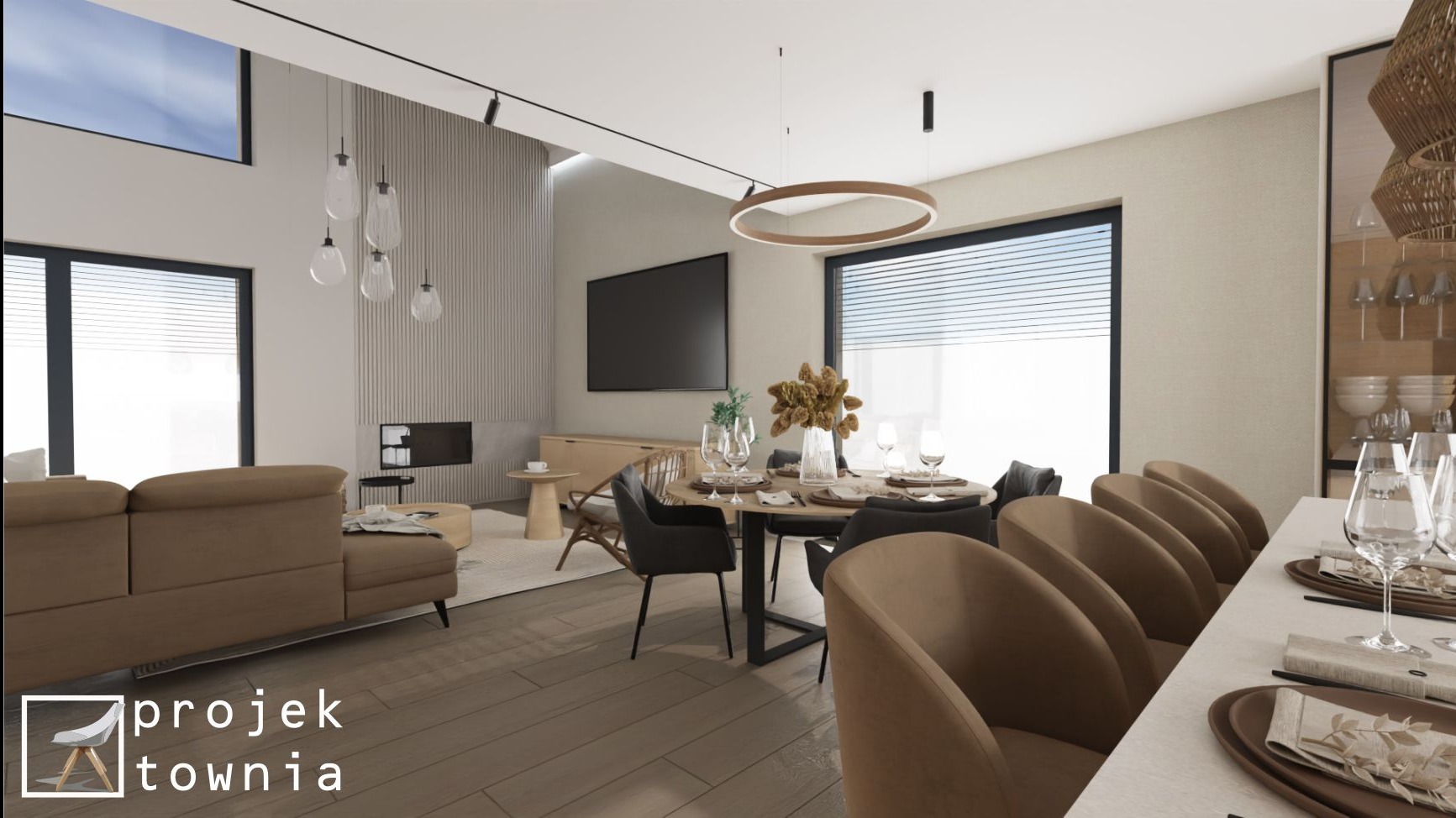 Wizualizacja salonu z jadalnią: beżowa sofa, okrągły stół z czarnymi krzesłami, brązowe krzesła barowe, wiszące lampy, telewizor na ścianie, drewniana podłoga i logo projektanta w lewym dolnym rogu.