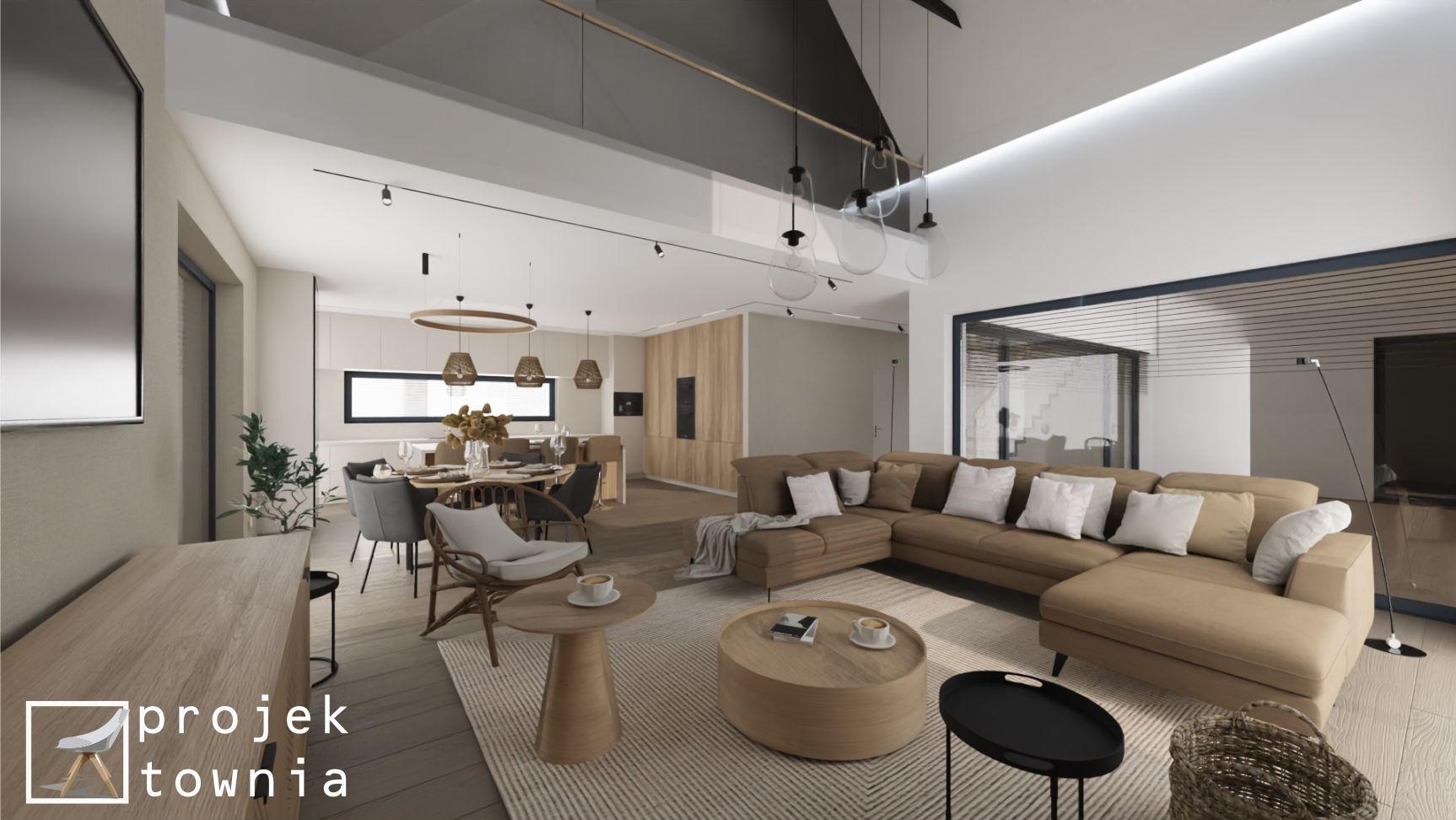 Wizualizacja przestronnego salonu z jadalnią w neutralnych barwach, z dużym narożnikiem, okrągłym stolikiem kawowym z filiżankami i widokiem na kuchnię z drewnianymi frontami.