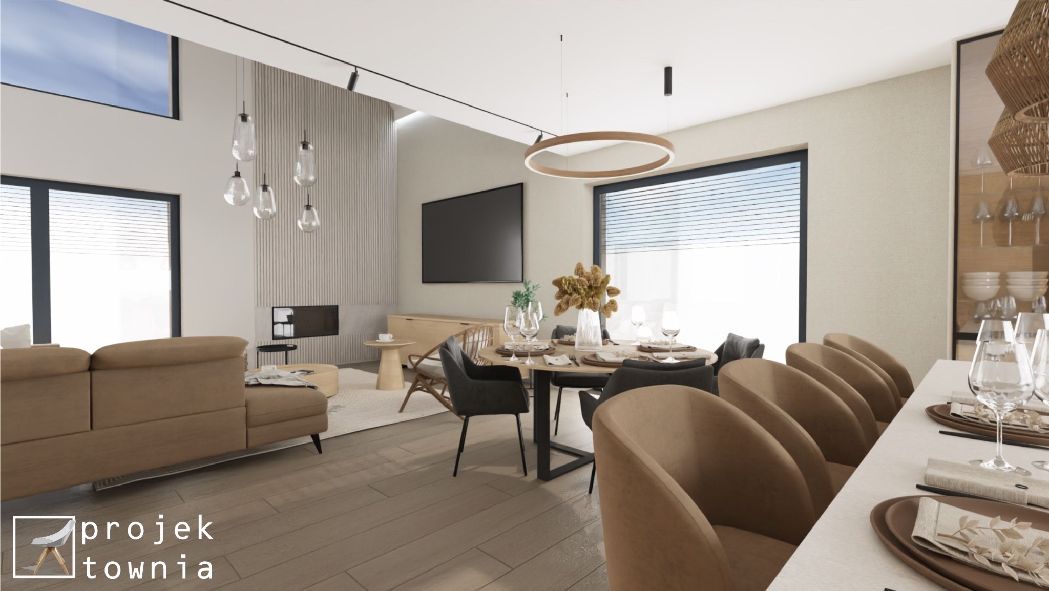 Wizualizacja salonu z jadalnią w neutralnej kolorystyce, z elementami drewna i minimalistycznym oświetleniem, widok na stół jadalny nakryty do posiłku, z logo projektanta w lewym dolnym rogu.