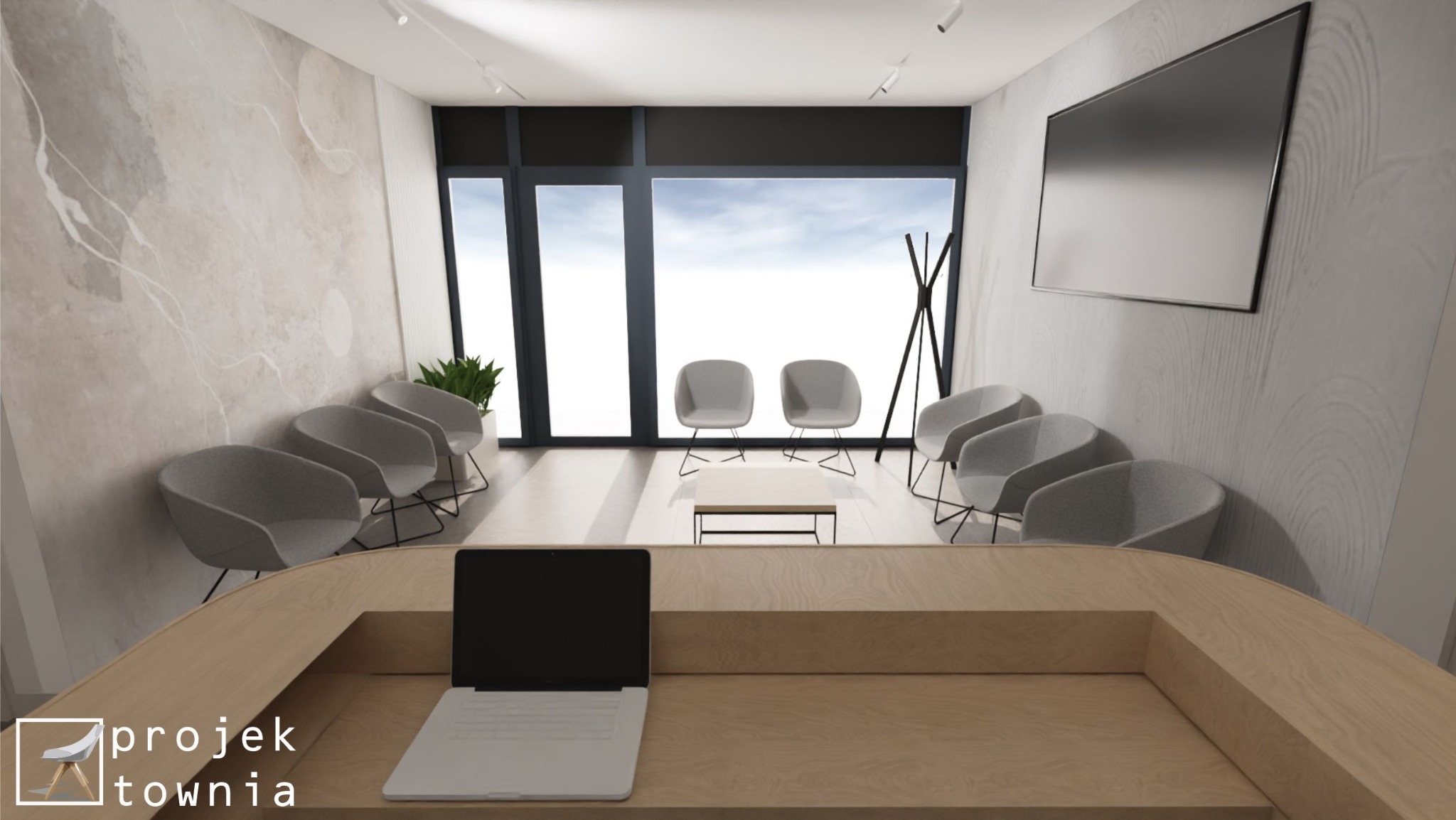 Wizualizacja wnętrza biura z recepcją, szare krzesła dla klientów, duży monitor na ścianie, jasne ściany z efektem kamienia i laptop na ladzie recepcyjnej z widocznym logo firmy.