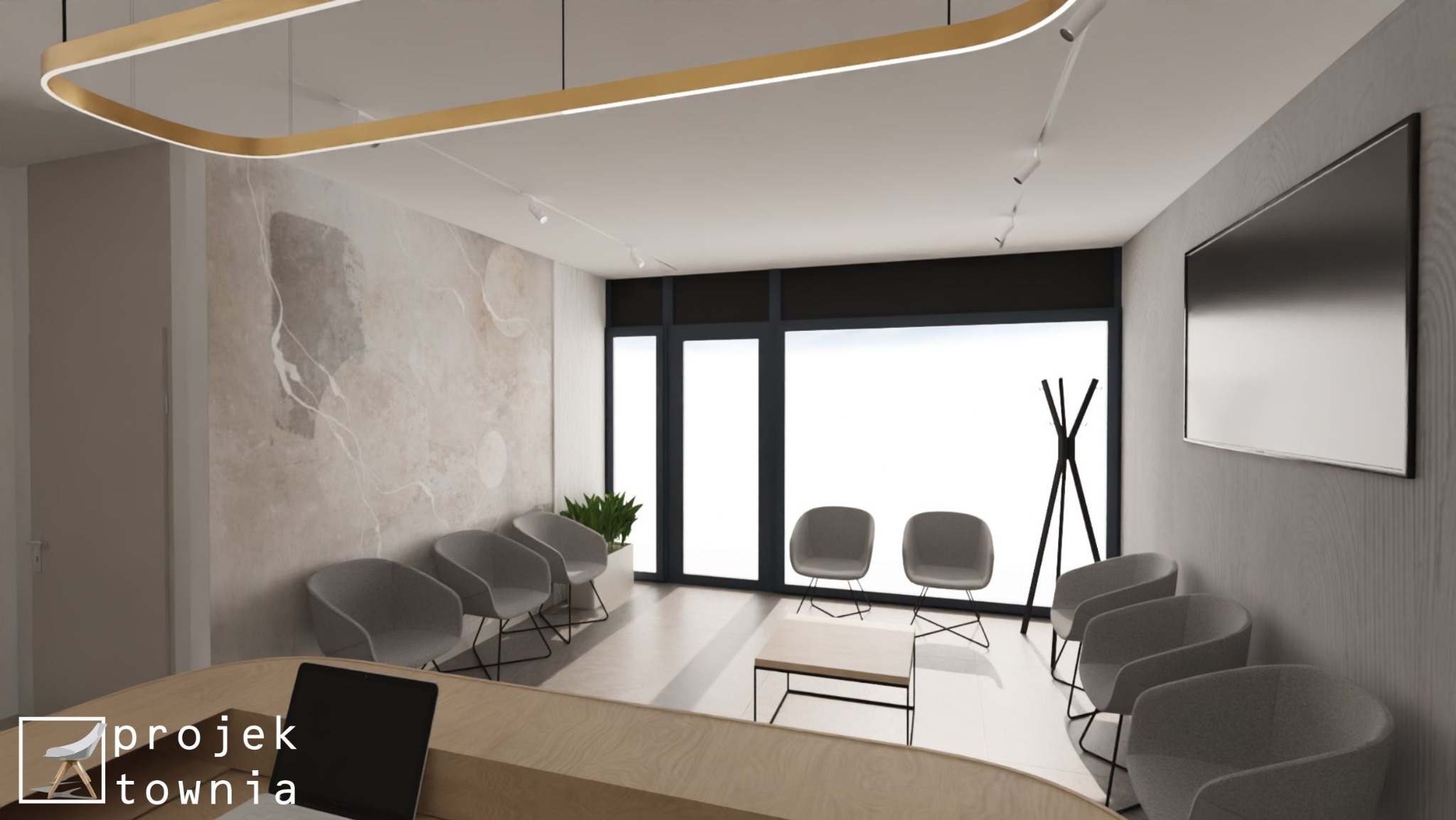 Wizualizacja przestronnej poczekalni biurowej z szarymi krzesłami, minimalistycznym stolikiem kawowym, dużym oknem i dekoracyjną ścianą z abstrakcyjnym wzorem oraz podłużną lampą sufitową.
