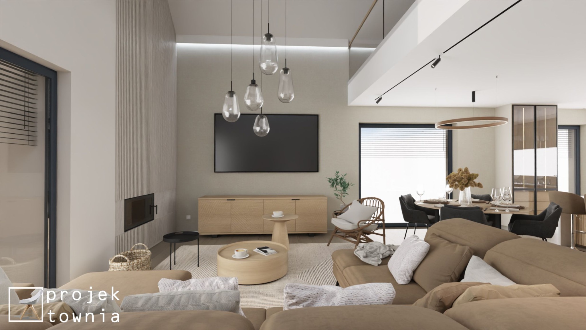 Wizualizacja salonu z antresolą, beżowa sofa z poduszkami, okrągły stolik kawowy z filiżankami, drewniana komoda pod telewizorem, wiszące lampy szklane, jadalnia z okrągłym stołem w tle.