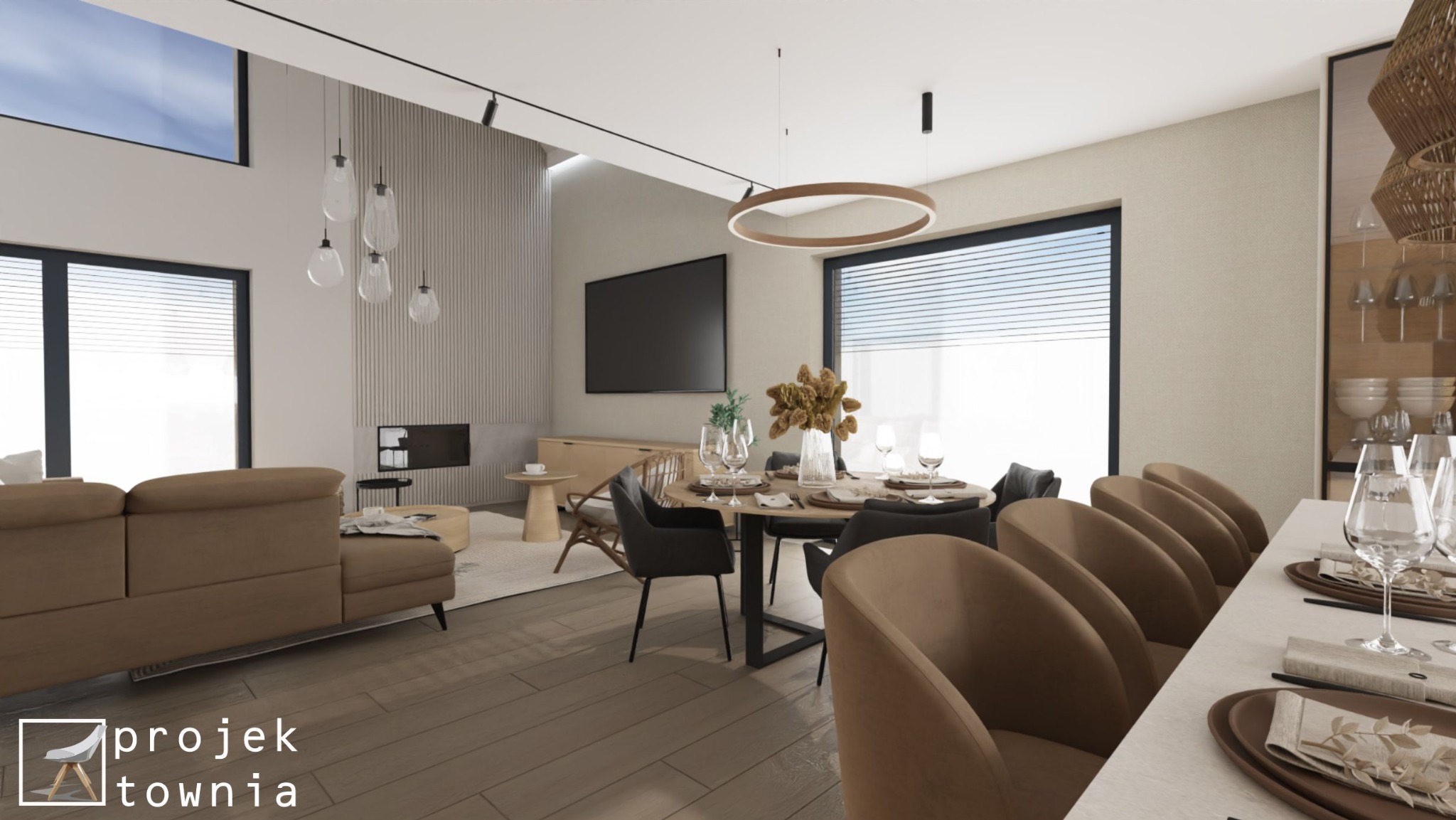 Wizualizacja przestronnego salonu z jadalnią w neutralnych barwach. Widoczny duży narożnik, okrągły stół z krzesłami, telewizor i kominek. Nad stołem okrągła lampa. W tle duże okna z roletami.