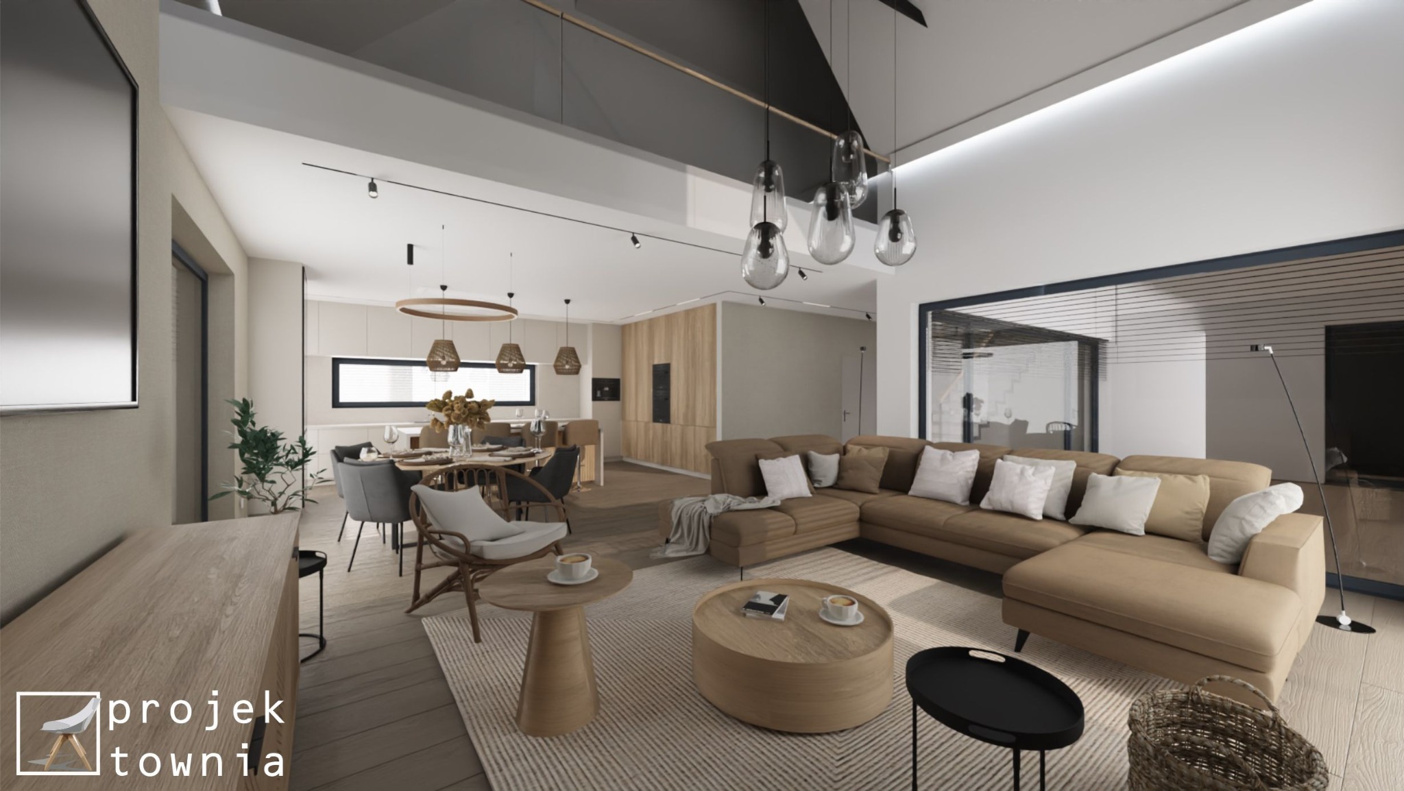 Wizualizacja przestronnego, nowoczesnego wnętrza z otwartą kuchnią, jadalnią i salonem, z beżową sofą narożną, okrągłymi stolikami kawowymi z filiżankami i dekoracyjnymi lampami wiszącymi.
