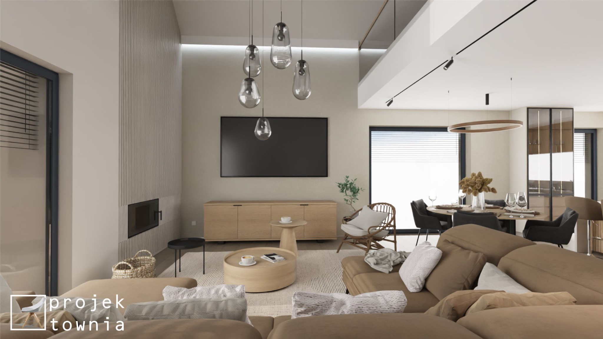 Wizualizacja przestronnego salonu z jadalnią w neutralnej kolorystyce, z dużym, modułowym narożnikiem, okrągłym stolikiem kawowym, drewnianą komodą pod telewizorem i wiszącymi szklanymi lampami.