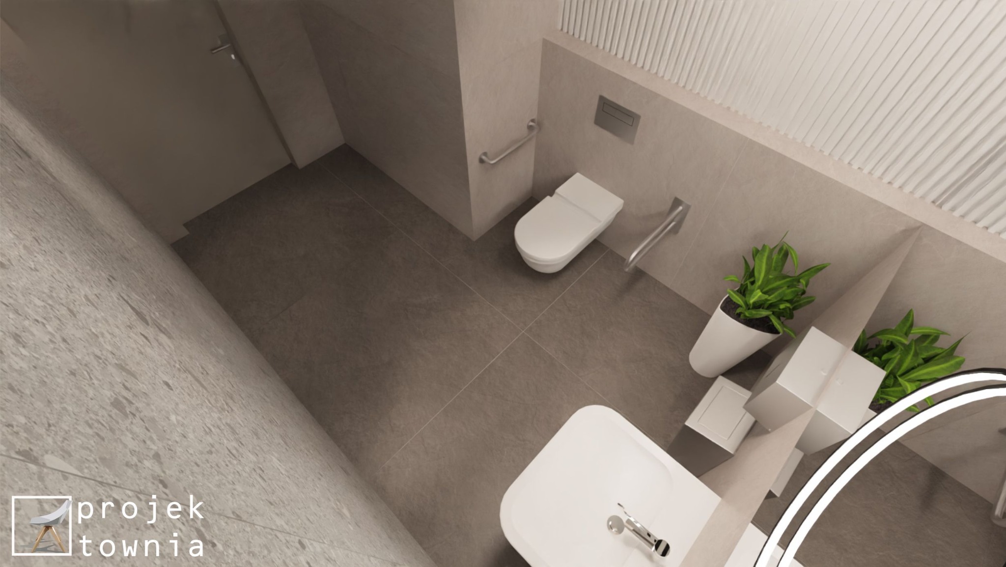 Wizualizacja łazienki z toaletą podwieszaną z uchwytami dla niepełnosprawnych, umywalką, lustrem z podświetleniem LED, dwiema doniczkami z zielonymi roślinami i dekoracyjnymi lamelami na ścianie.