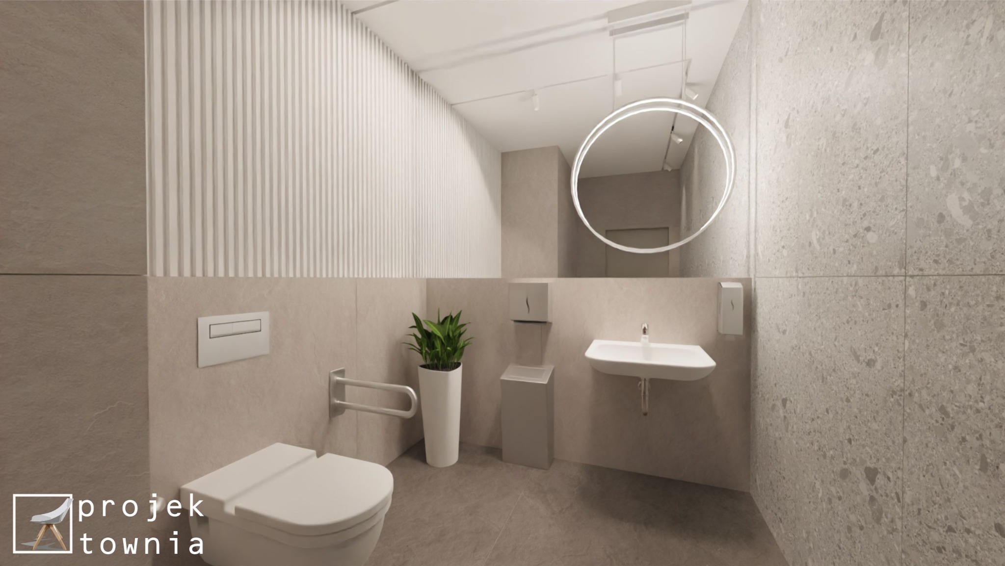 Beżowa łazienka z toaletą, umywalką i okrągłym lustrem z podświetleniem LED, wykończona płytkami imitującymi kamień.