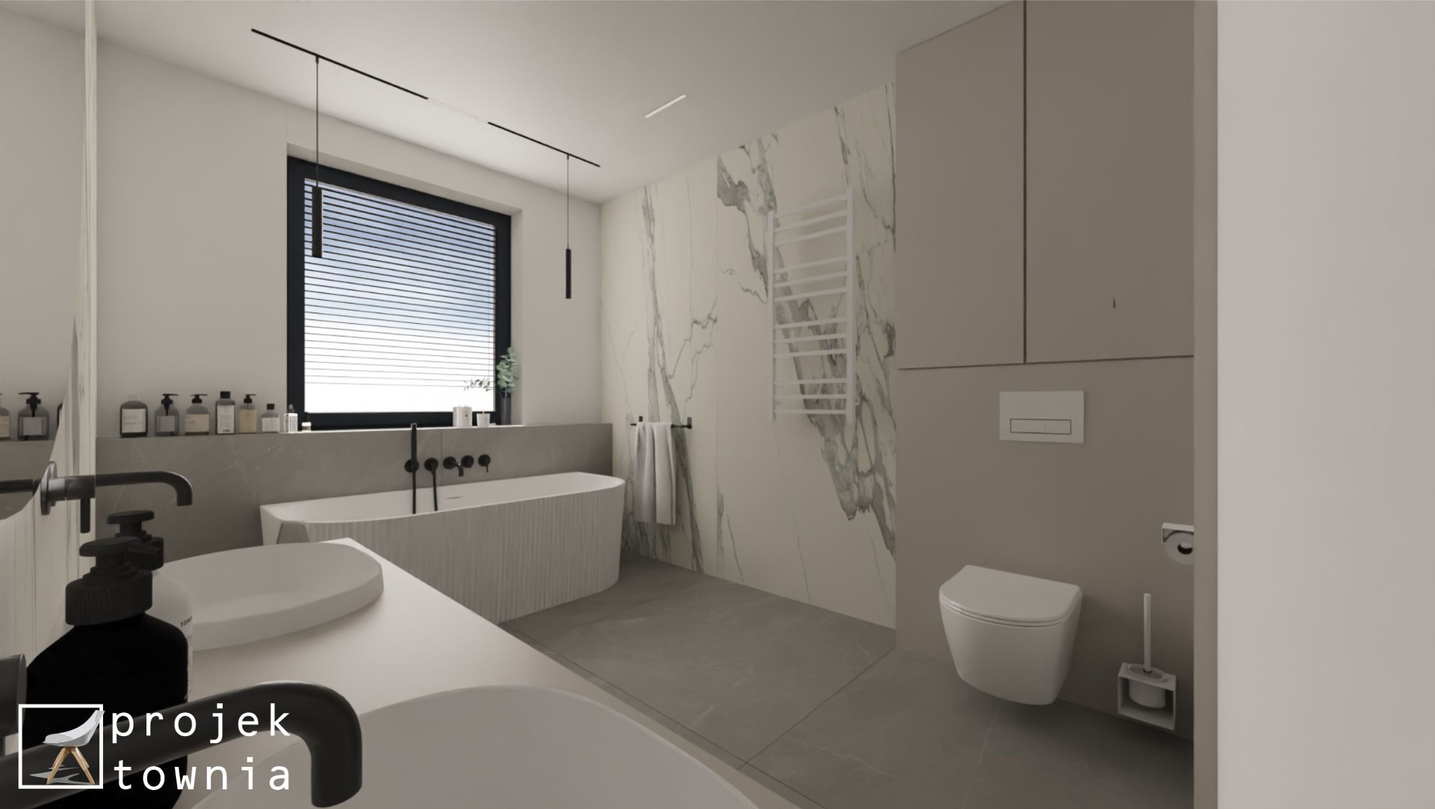 Wizualizacja nowoczesnej łazienki z wolnostojącą wanną, umywalką nablatową, marmurowymi płytkami i minimalistycznym oświetleniem, z logo firmy projektowej w rogu.