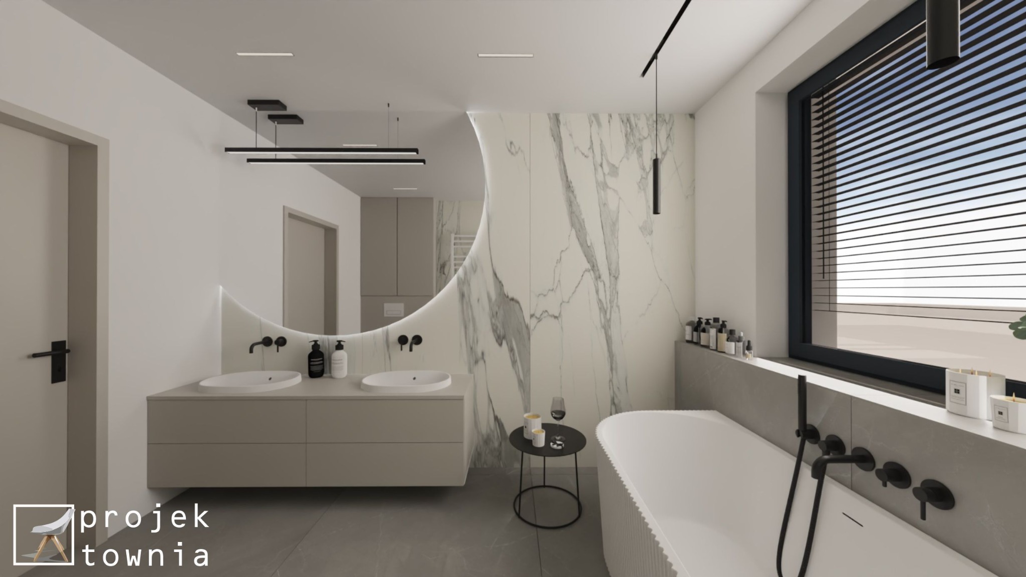Wizualizacja nowoczesnej łazienki z umywalkami nablatowymi, podświetlanym lustrem w kształcie półksiężyca, marmurową ścianą, wolnostojącą wanną i czarną armaturą.