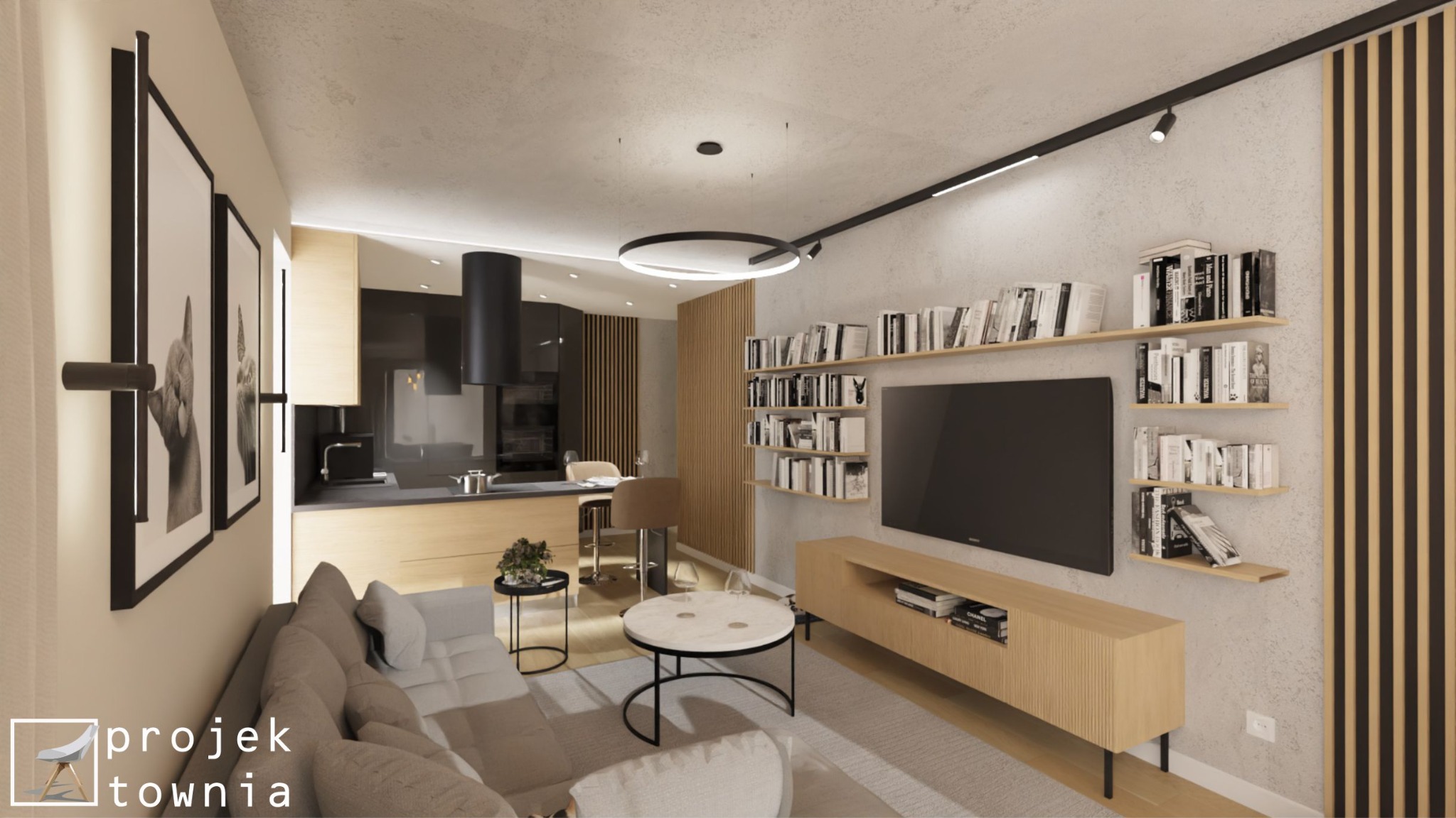 Wizualizacja wnętrza mieszkania: otwarta kuchnia z czarnym okapem, salon z szarą sofą, stolikami kawowymi na czarnych nogach, półki z książkami nad telewizorem, drewniane panele dekoracyjne...