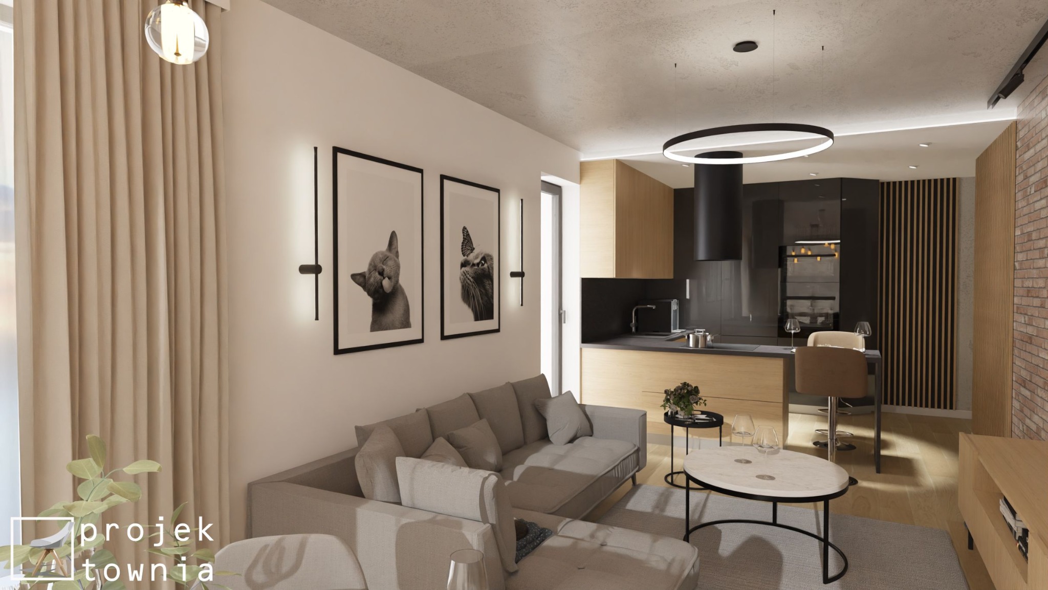 Wizualizacja salonu z aneksem kuchennym w neutralnych barwach, z szarą sofą, okrągłym stolikiem kawowym z marmurowym blatem, czarnymi lampami ściennymi i plakatami z motywem zwierzęcym.