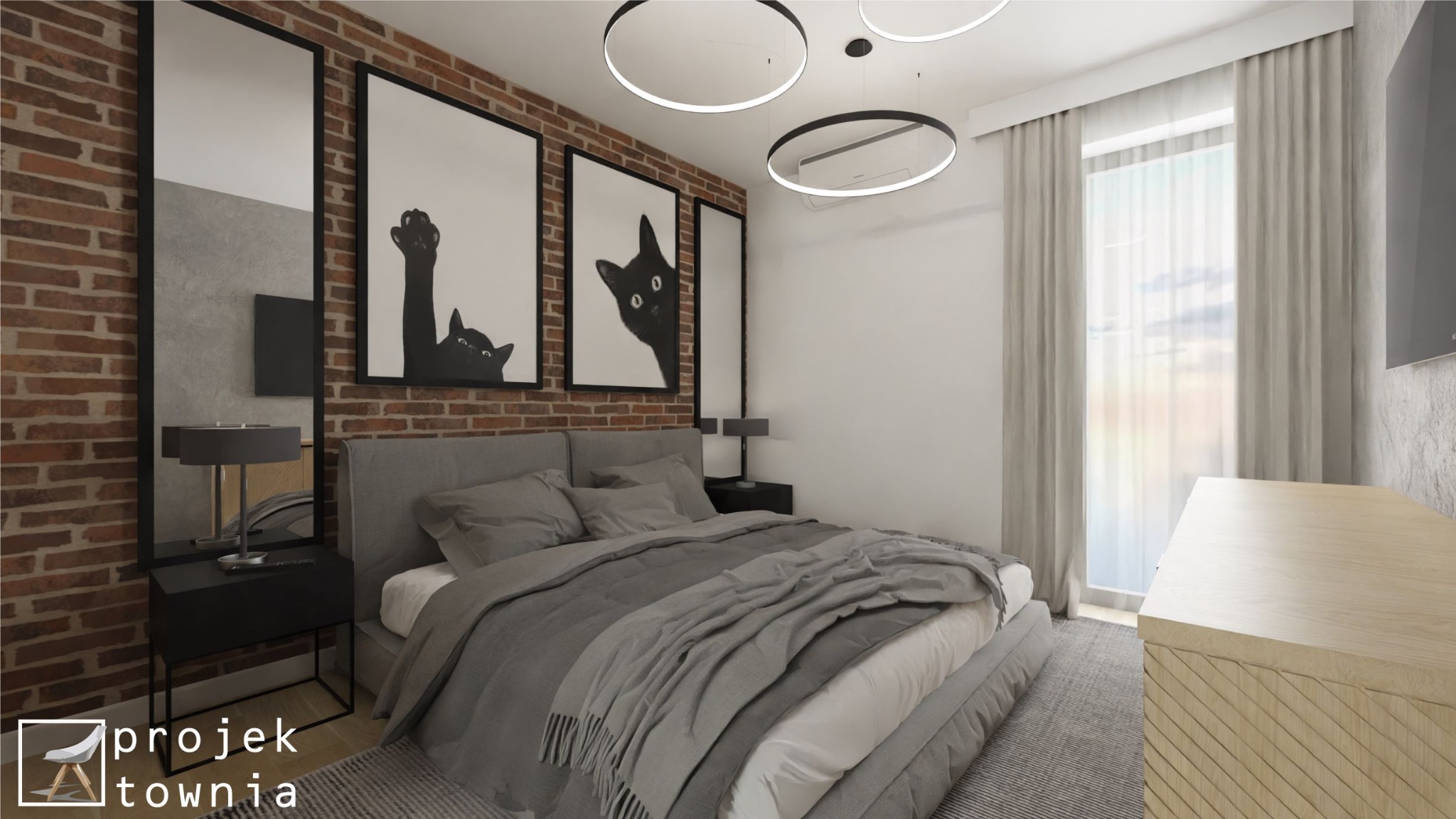 Wizualizacja sypialni z łóżkiem w odcieniach szarości, ceglaną ścianą z lustrem i grafikami kotów w czarnych ramach, oświetleniem sufitowym w kształcie okręgów i logo projektanta w lewym dolnym rogu.