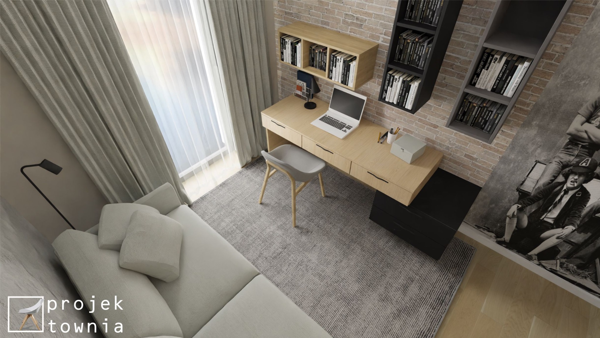 Wizualizacja pokoju z biurkiem w stylu skandynawskim, z laptopem, półkami na książki na ceglanej ścianie i plakatem AC/DC, widok z góry.