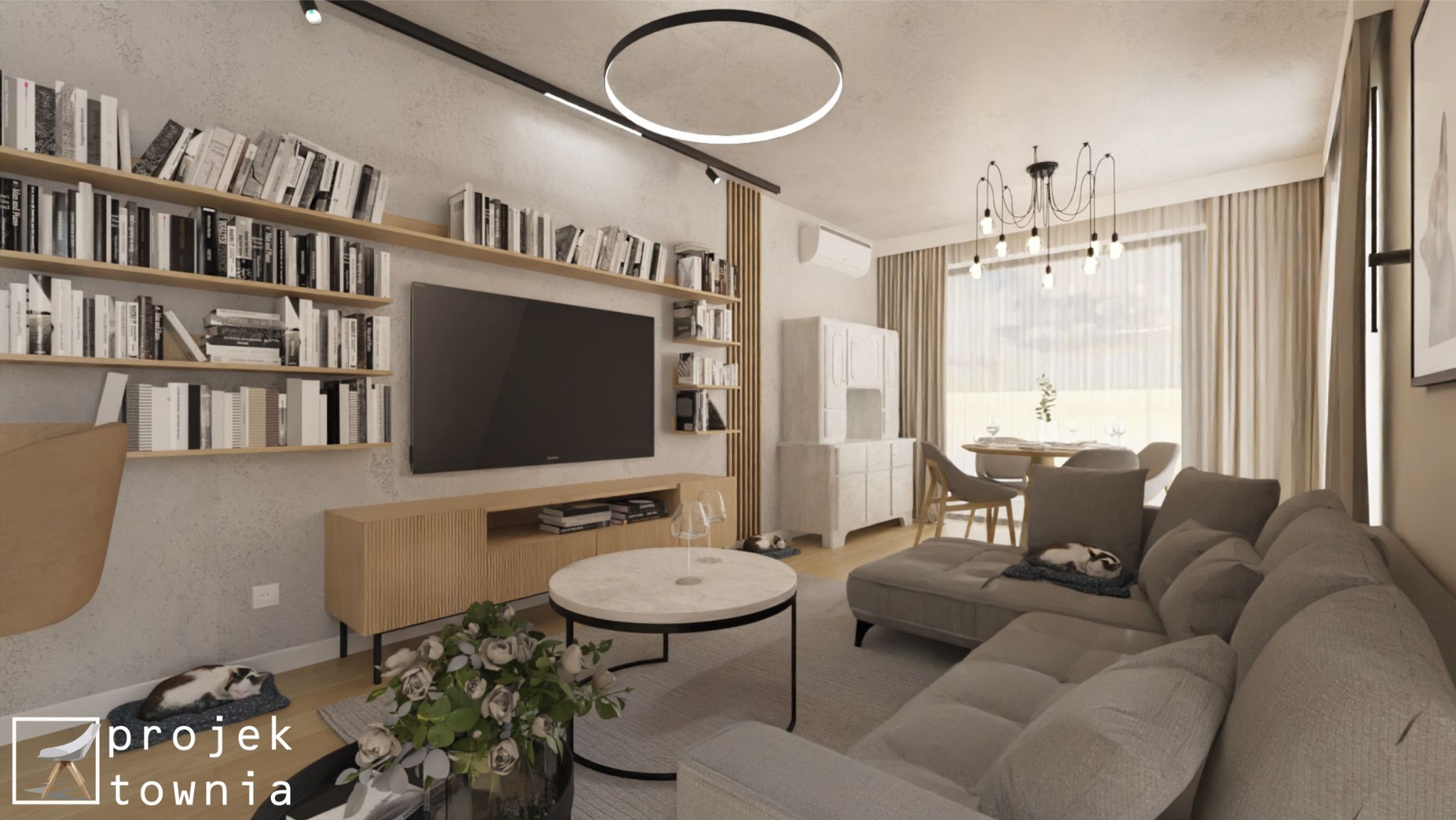 Wizualizacja salonu z regałem na książki, telewizorem, szarą sofą i okrągłym stolikiem kawowym z kwiatami. Na podłodze i sofie leżą koty.