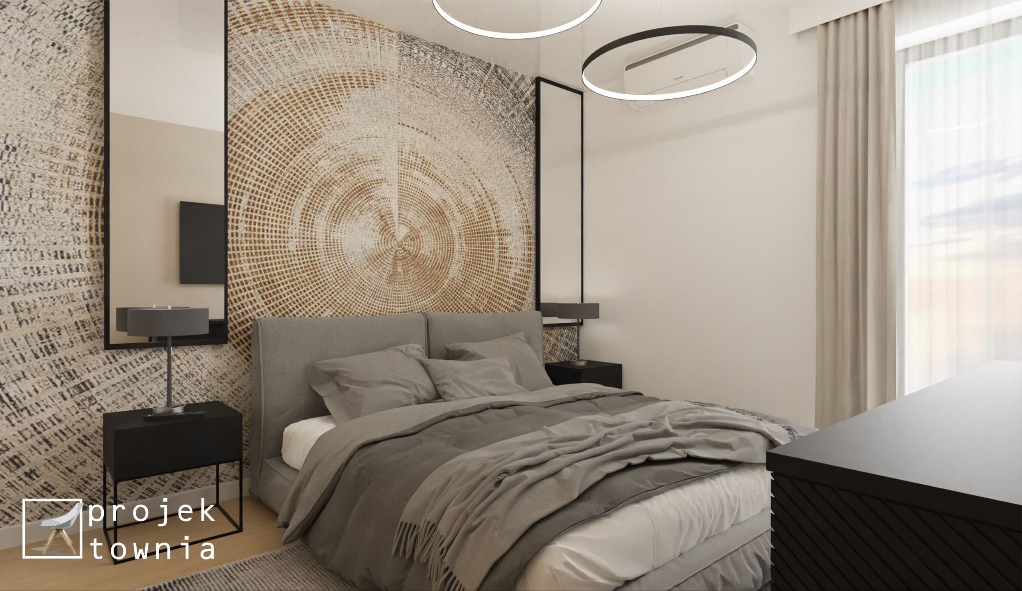 Sypialnia w neutralnych odcieniach z tapetą imitującą przekrój drzewa, oświetleniem LED w kształcie okręgów i czarnymi stolikami nocnymi.