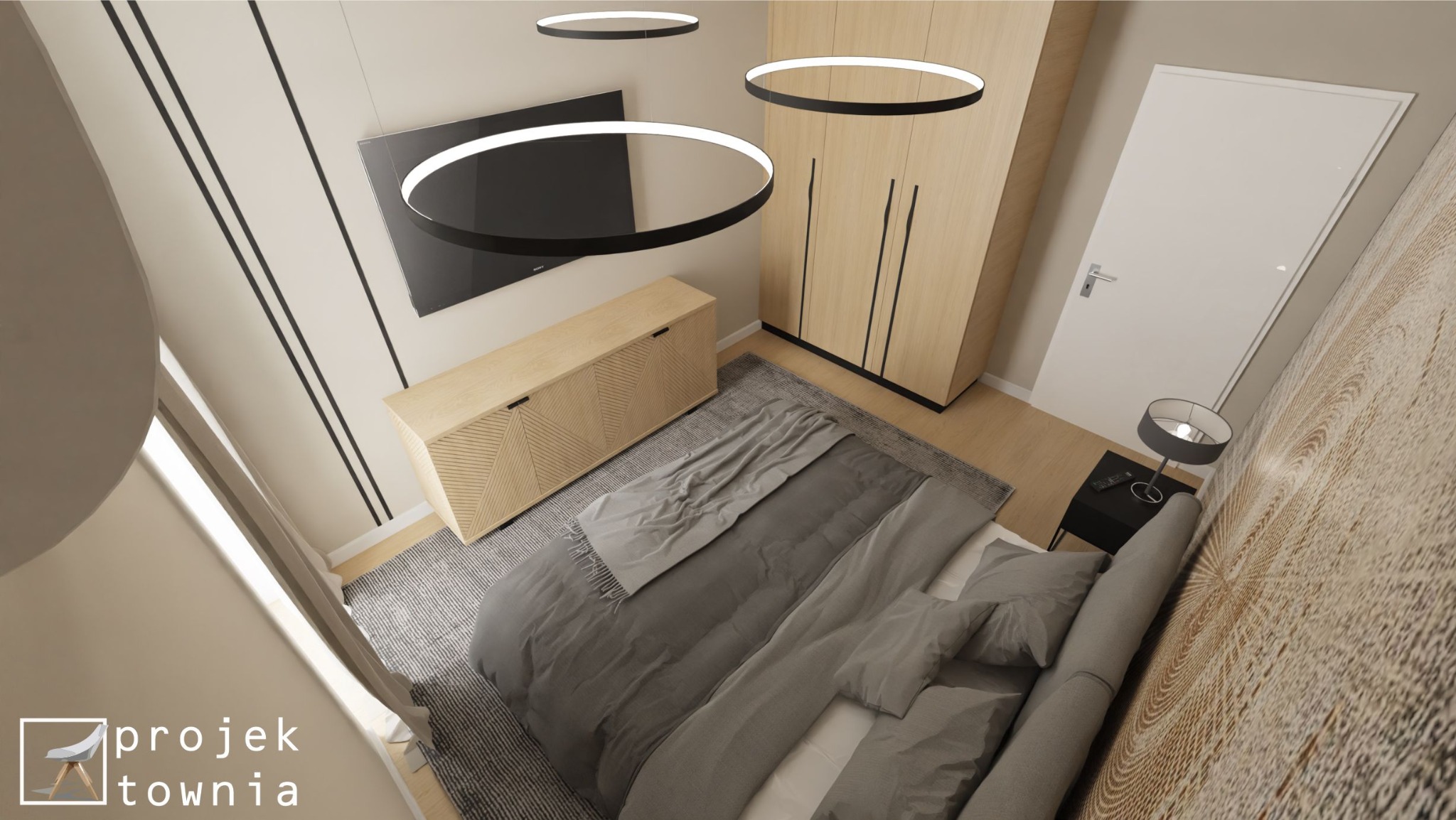 Wizualizacja sypialni z łóżkiem w odcieniach szarości, drewnianą komodą z geometrycznym wzorem, szafą z jasnego drewna i okrągłymi lampami sufitowymi
