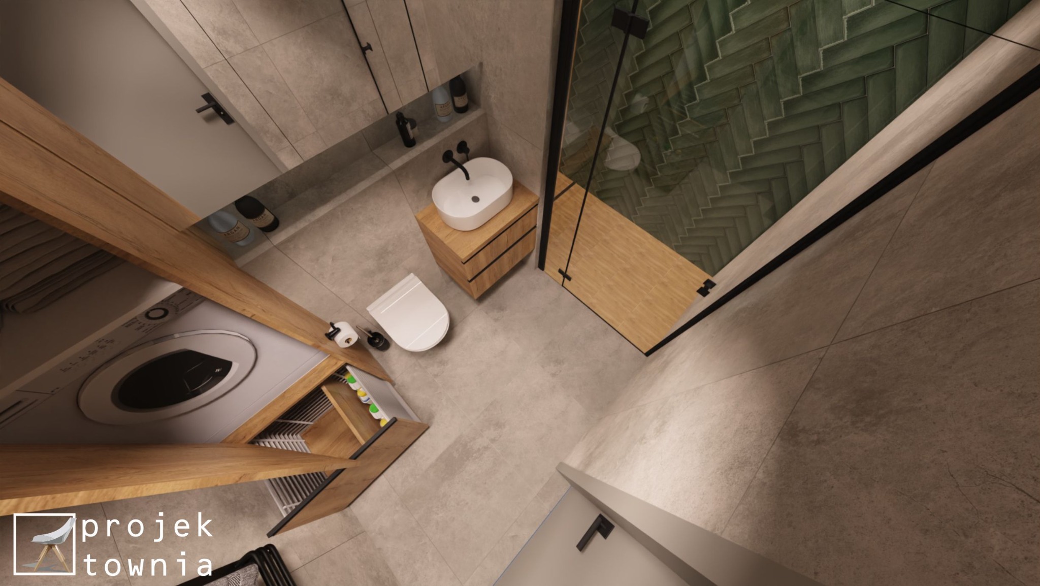Wizualizacja łazienki z pralką zabudowaną w drewnianej szafce, umywalką nablatową na drewnianej komodzie i kabiną prysznicową z zielonymi płytkami ułożonymi w jodełkę.