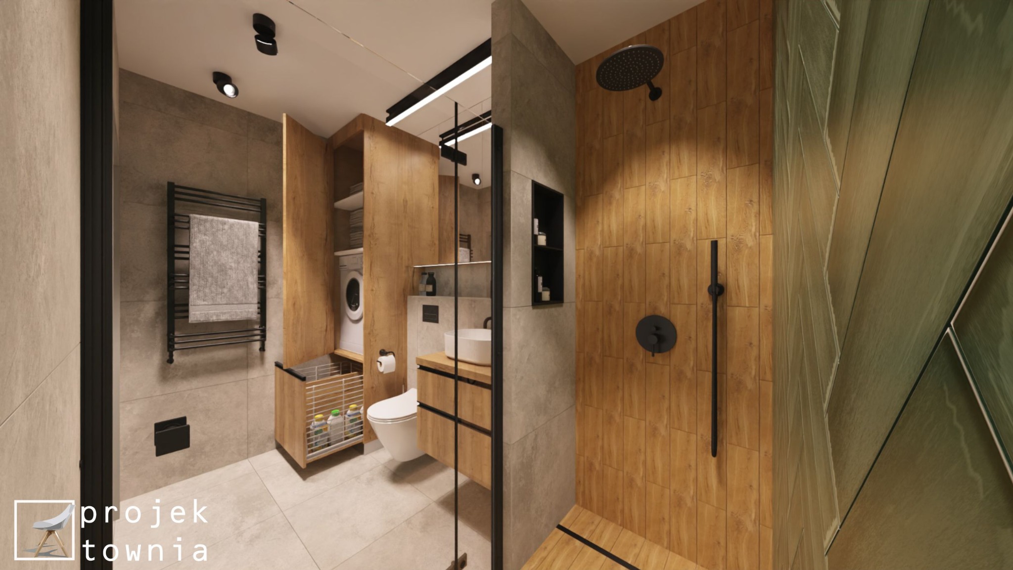 Wizualizacja łazienki z drewnianymi akcentami, kabiną prysznicową typu walk-in, ukrytą pralką i grzejnikiem drabinkowym z szarym ręcznikiem.