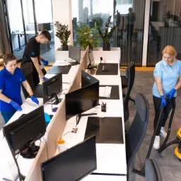 Zespół sprzątający w biurze: kobieta odkurza dywan żółtym odkurzaczem, mężczyzna czyści biurko środkiem dezynfekującym, widoczne rośliny doniczkowe i nowoczesne wyposażenie biura.