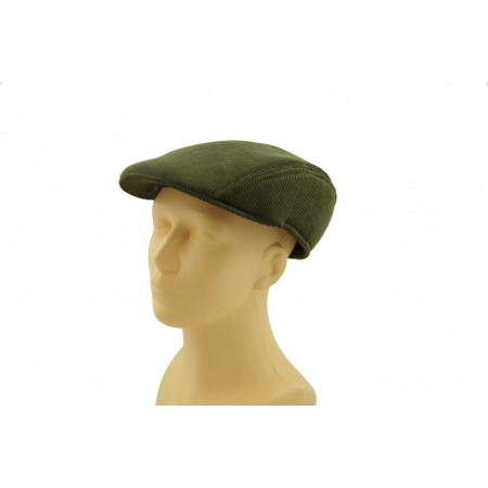 Zielona, sztruksowa czapka typu kaszkiet na plastikowej głowie manekina, prezentowana na białym tle.