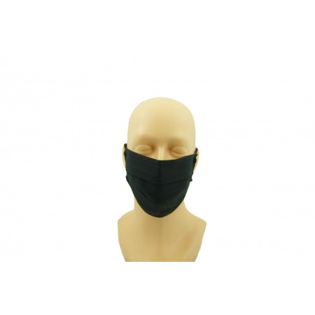 Czarna, plisowana maseczka ochronna z gumkami, prezentowana na manekinie głowy na białym tle.