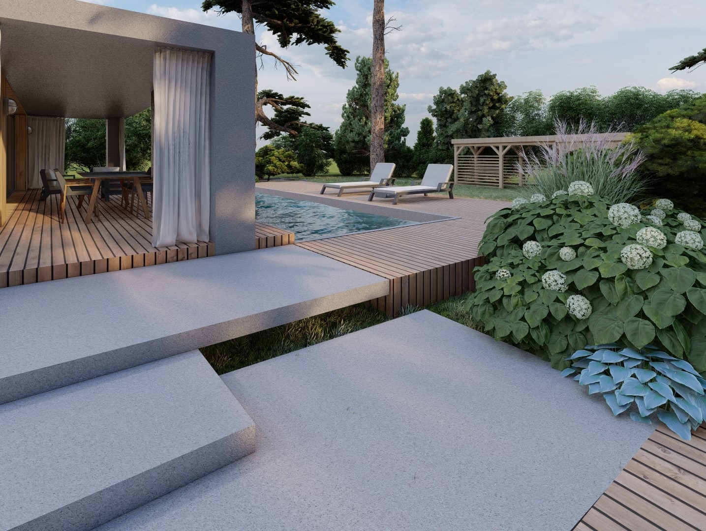 Nowoczesny ogród z basenem, drewnianym tarasem, betonowymi ścieżkami i bujną roślinnością, w tym hortensjami i trawami ozdobnymi, z widocznym pawilonem w tle.