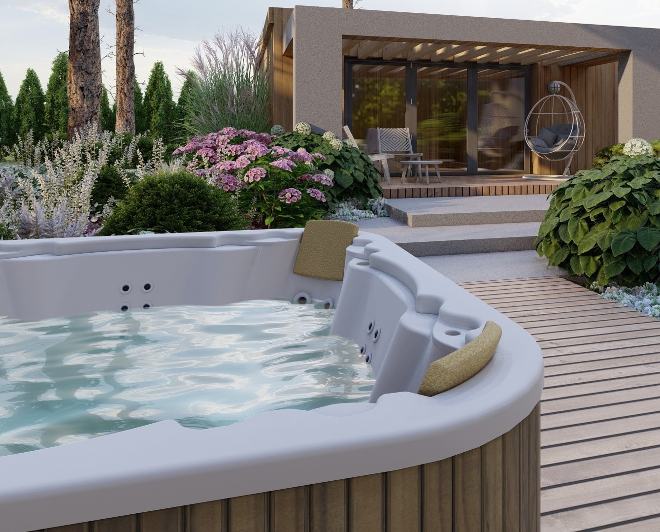 Nowoczesny ogród z jacuzzi otoczonym kwitnącymi krzewami i drewnianym tarasem, z widoczną altaną i wiszącym fotelem.
