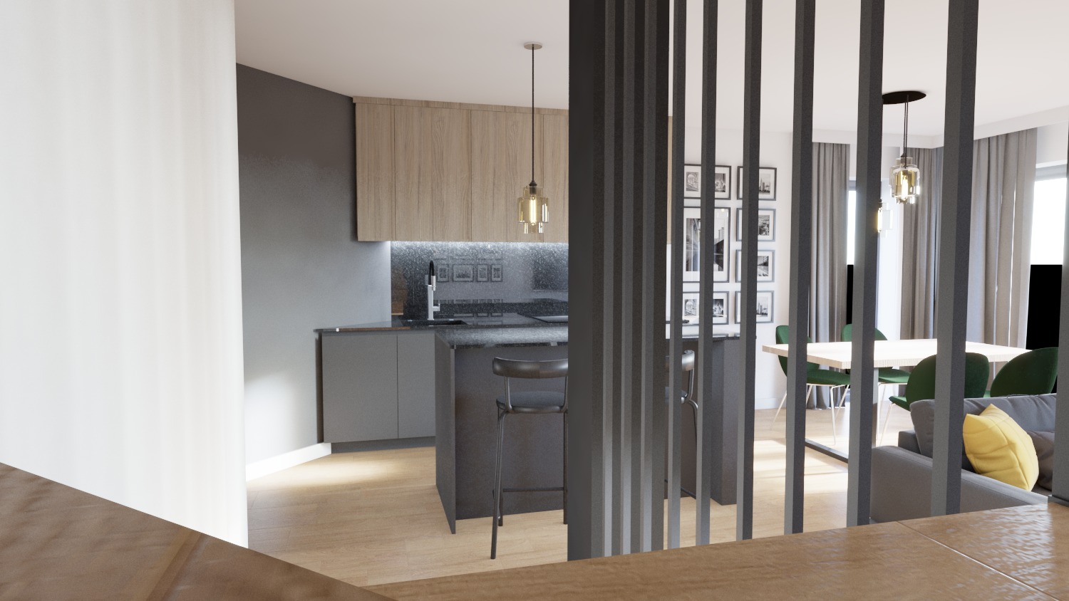 Nowoczesne wnętrze z otwartą kuchnią, wyspą i jadalnią, oddzielone ażurową ścianką z pionowych listew, widok na minimalistyczny wystrój w szarościach i beżach, z akcentami zieleni w krzesłach...