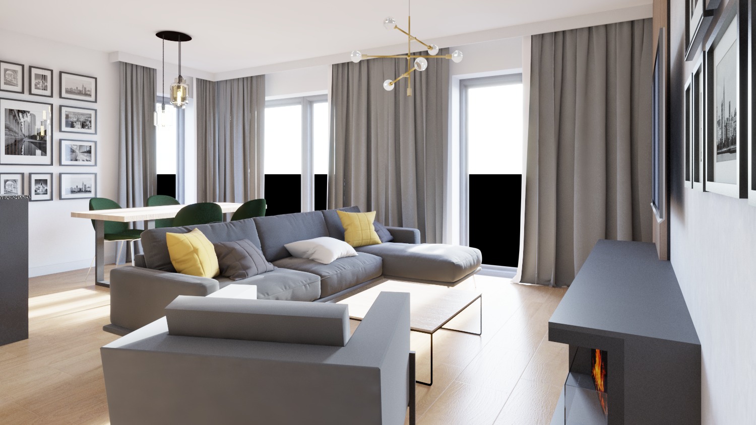 Jasne wnętrze salonu z szarym narożnikiem, drewnianym stołem kawowym i kominkiem elektrycznym, widok na jadalnię z zielonymi krzesłami i galerią czarno-białych zdjęć na ścianie.