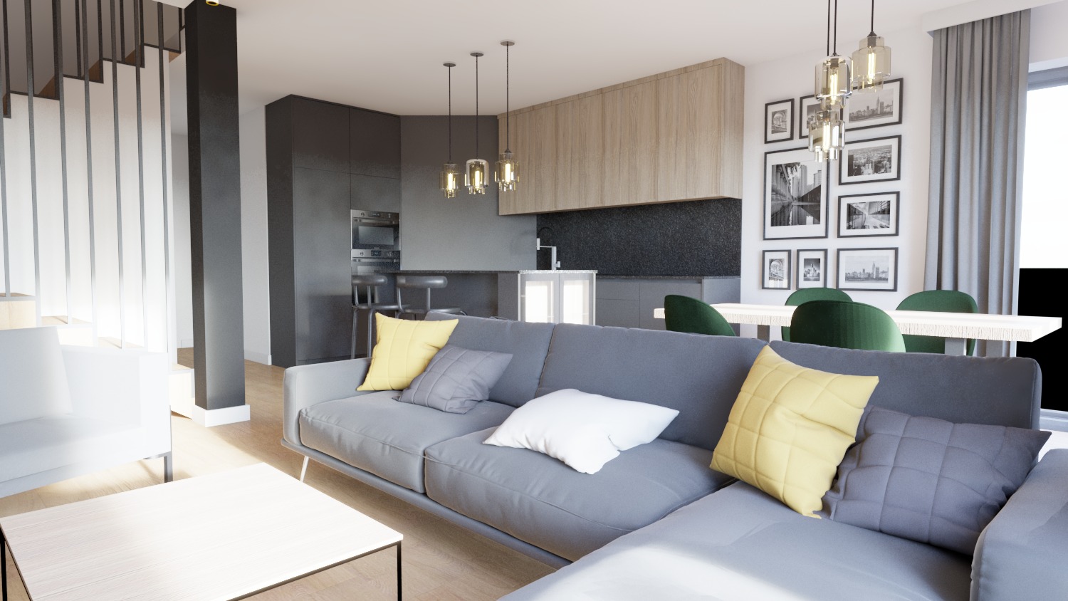 Wnętrze nowoczesnego apartamentu w Warszawie: szara sofa z żółtymi i szarymi poduszkami, biały stolik kawowy, kuchnia z szarymi szafkami i drewnianymi frontami, zielone krzesła przy białym stole...