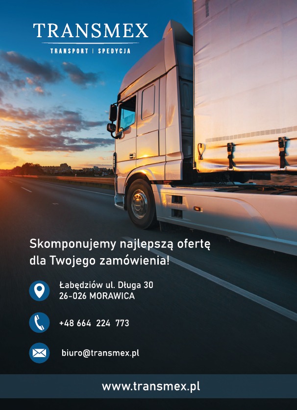 Reklama firmy transportowej Transmex: srebrna ciężarówka na drodze o zachodzie słońca, z adresem, numerem telefonu i adresem e-mail firmy.