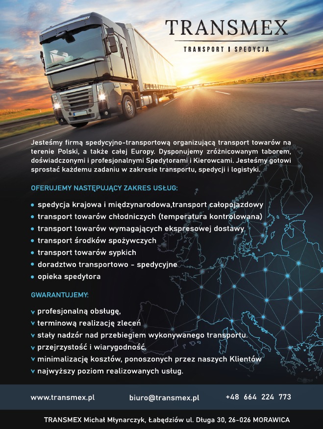 Ciężarówka z naczepą marki Transmex na asfaltowej drodze w słoneczny dzień, widok z dołu, dynamiczne ujęcie.