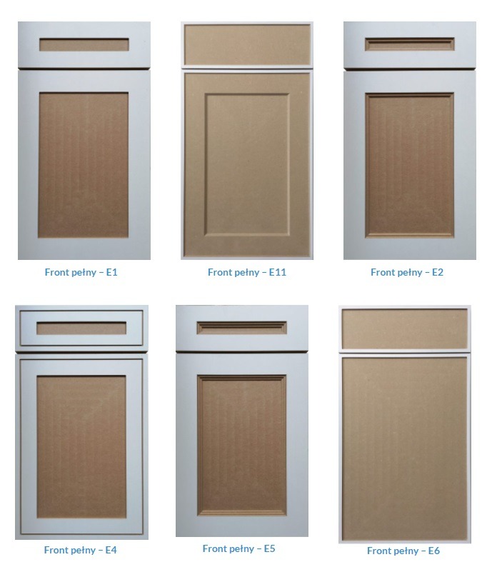 Zestawienie sześciu różnych frontów meblowych w kolorze jasnego drewna, prezentowanych w białych ramach, z oznaczeniami E1, E11, E2, E4, E5 i E6.